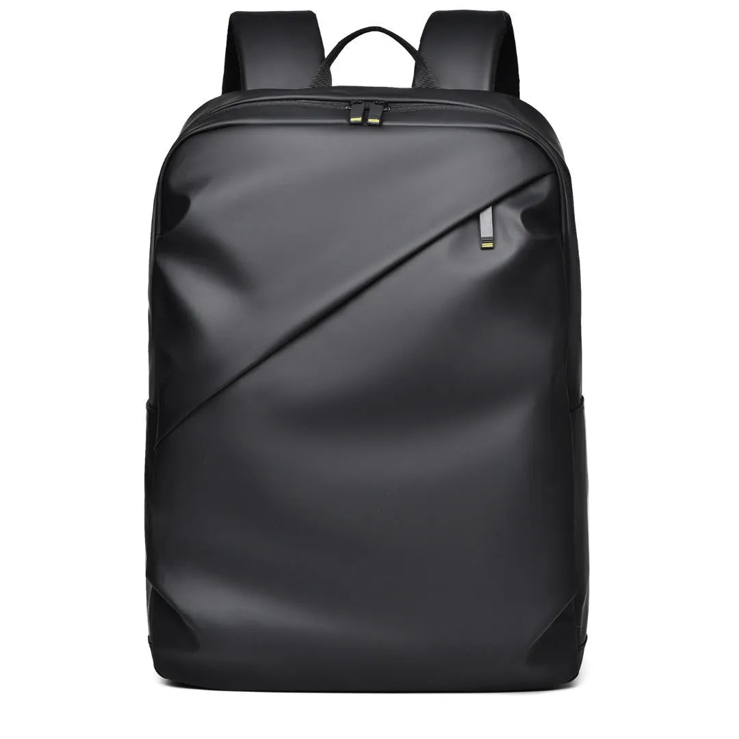 Waterproof black PU leather backpack with sewing thread details and large capacity storage