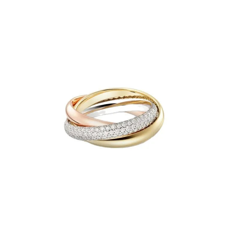 A pair of silver couple rings with full diamond settings, showing U-shaped and geometric band designs on a size 8 finger.