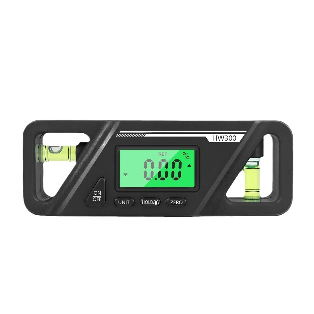 HW300 digital magnetic inclinometer angle gauge showing display and compact 115mm size