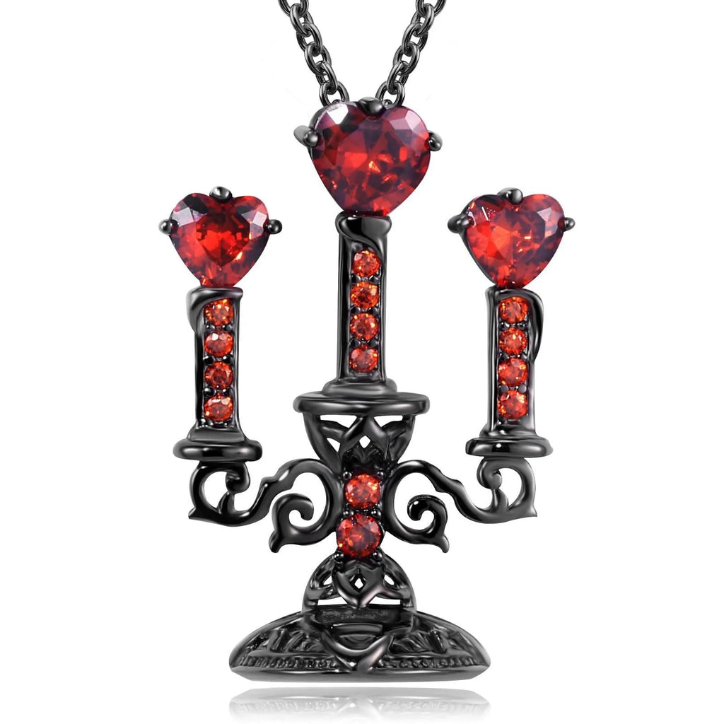 Close-up of a retro-style hollow candlestick pendant necklace with a cross chain, in a gothic design.