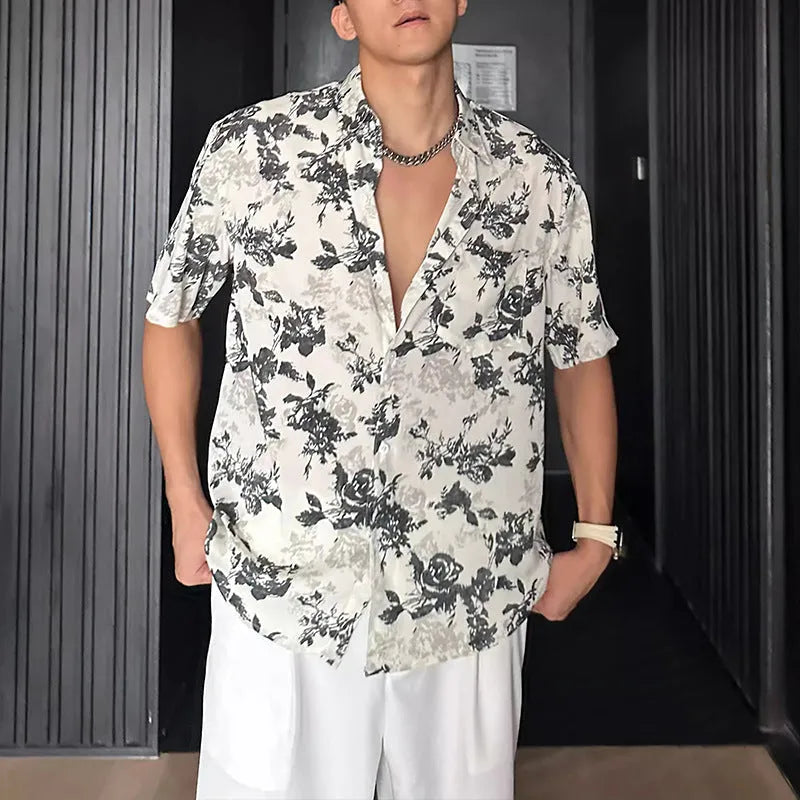 Loose casual floral printed short sleeve shirt in black or white colour options