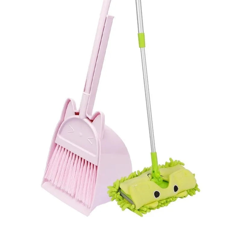 Broom and dustpan cleaning set with rotating brush holder in purple, green, or beige