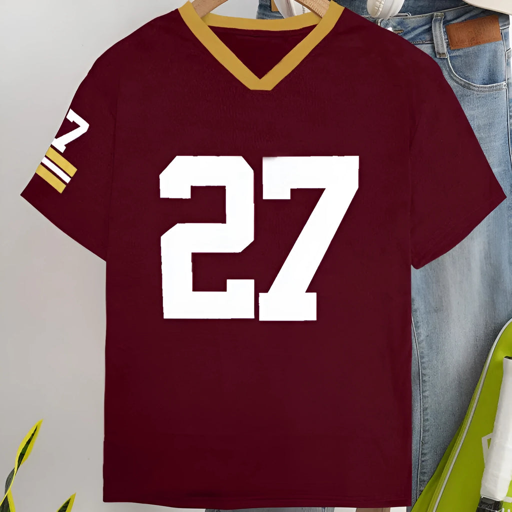 Red loose cotton t-shirt with white digital letter printing on the front.