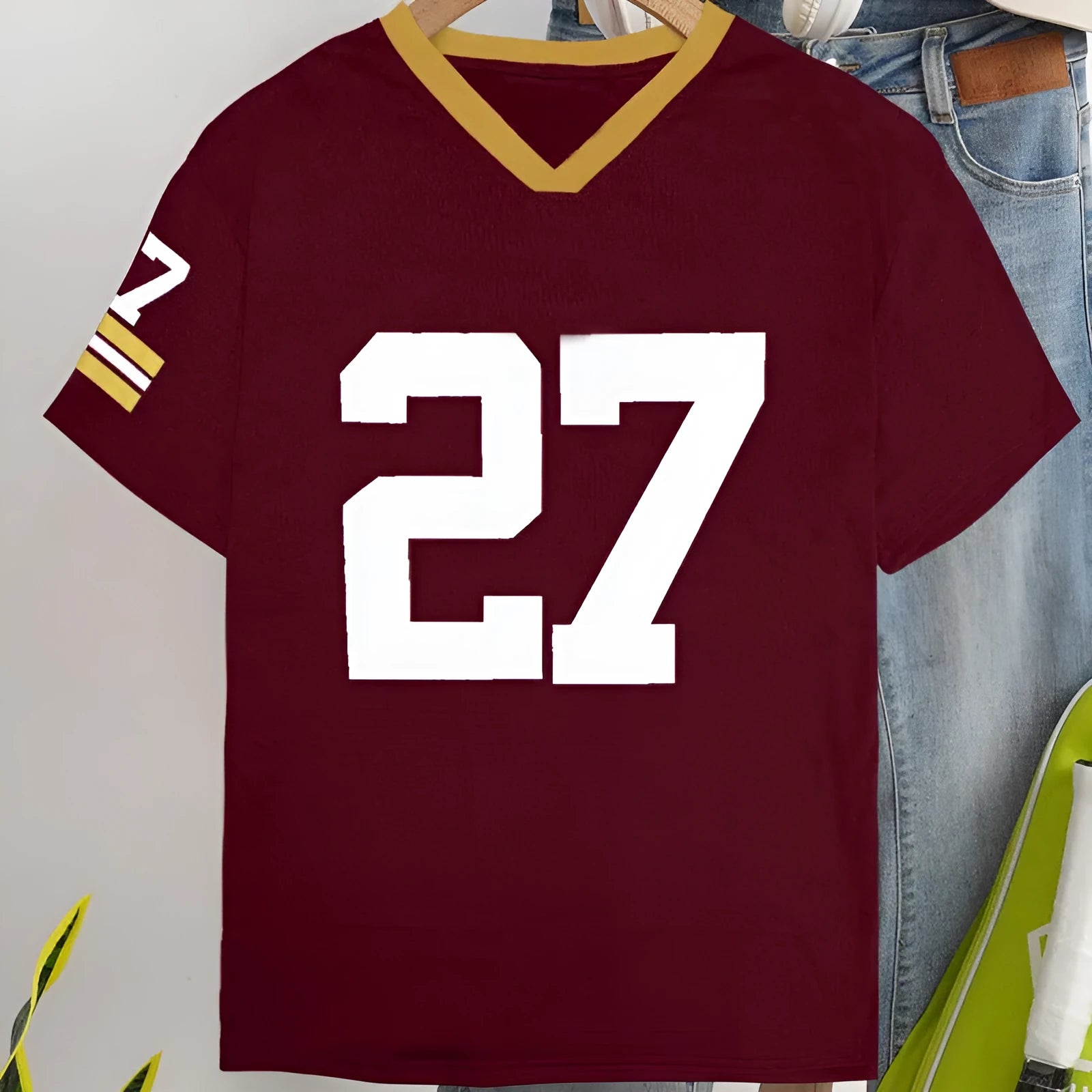 Red loose cotton t-shirt with white digital letter printing on the front.
