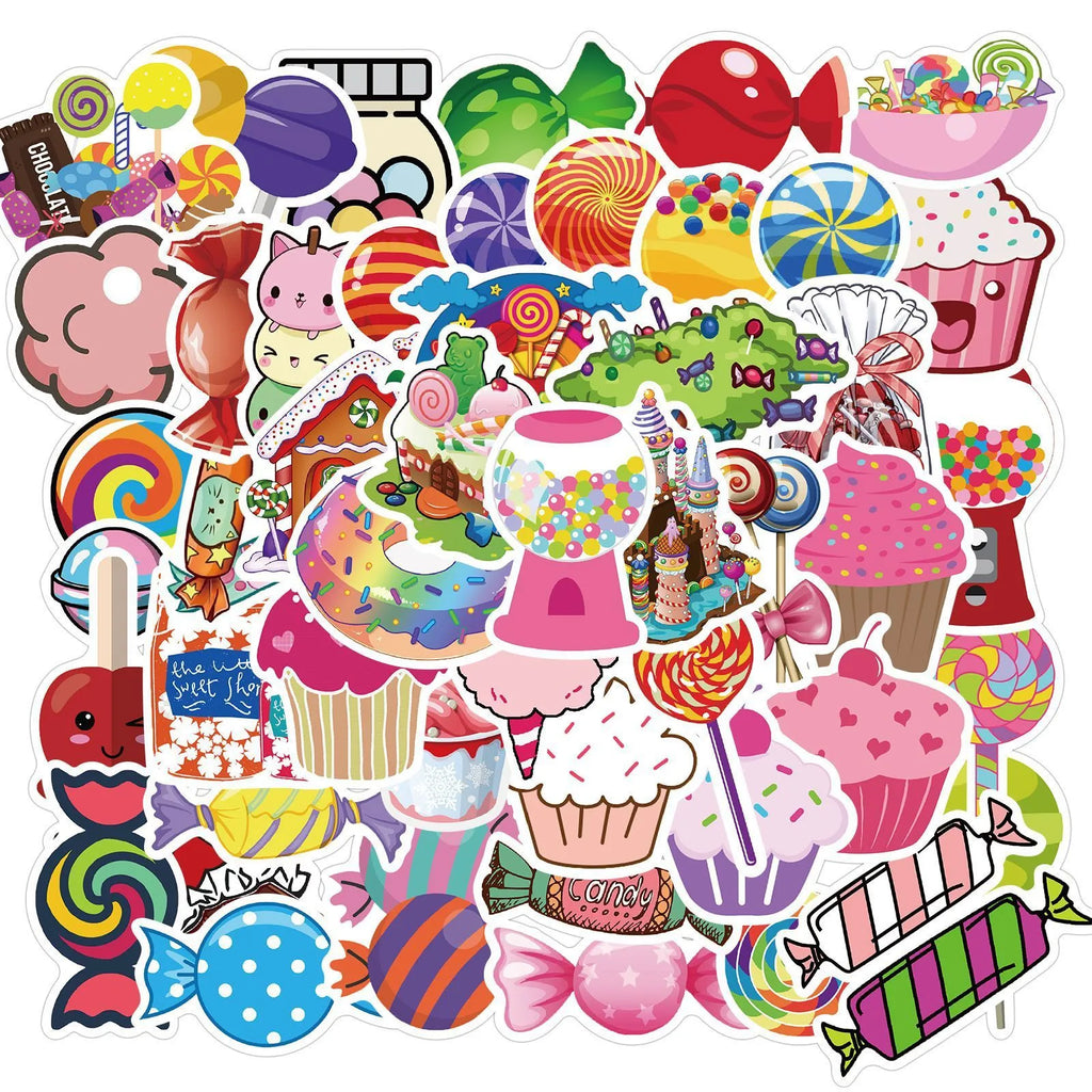 50 colourful Candy graffiti stickers with cartoon designs measuring 4-6cm