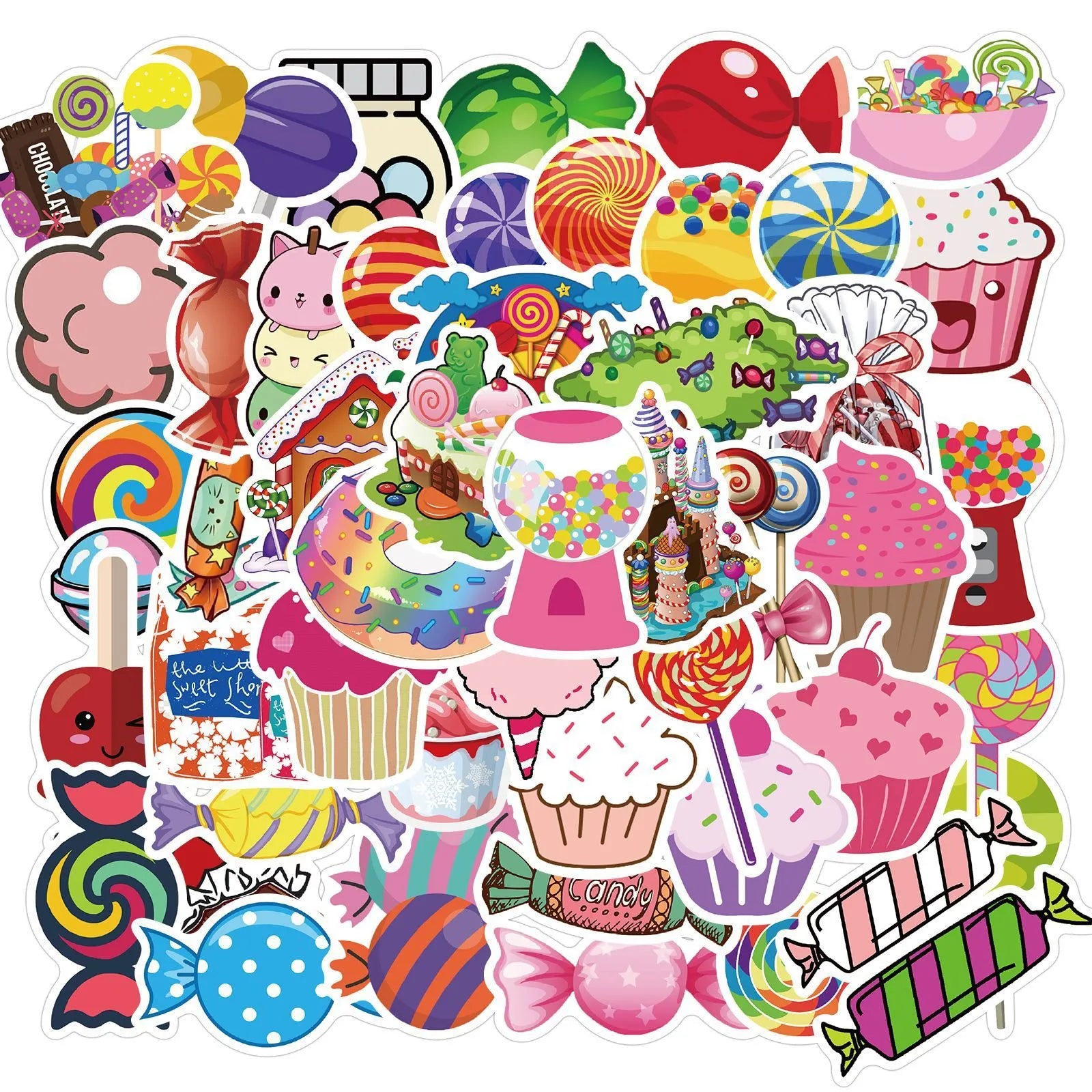 50 colourful Candy graffiti stickers with cartoon designs measuring 4-6cm