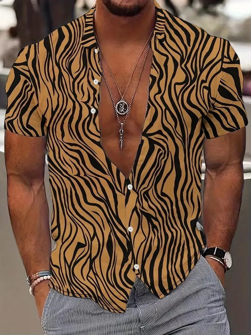 Men's slim fit geometric print lapel shirt in polyester fabric with short sleeves