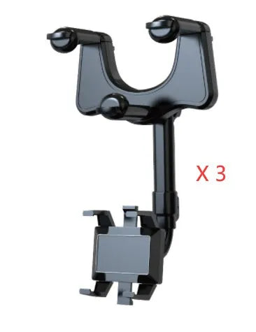 Black rearview mirror phone holder with telescopic arm and 360-degree rotation mechanism