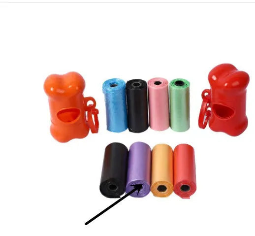 Pet waste bags in six colours showing black, blue, green, light blue, pink and red options