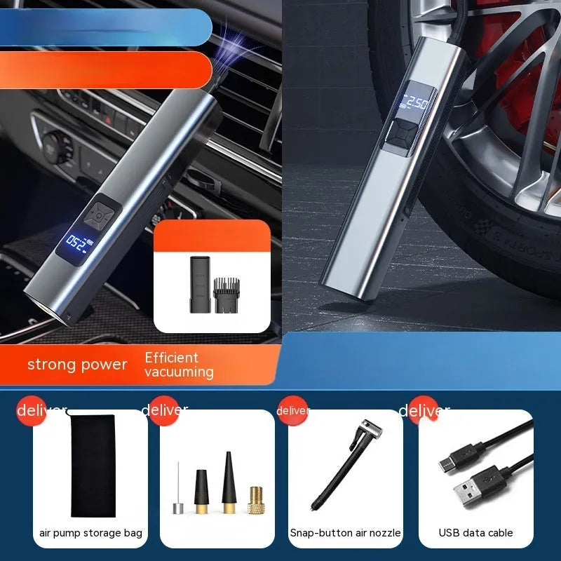 Wireless digital display car air pump and vacuum cleaner with LED light, Type-C port, and storage bag.