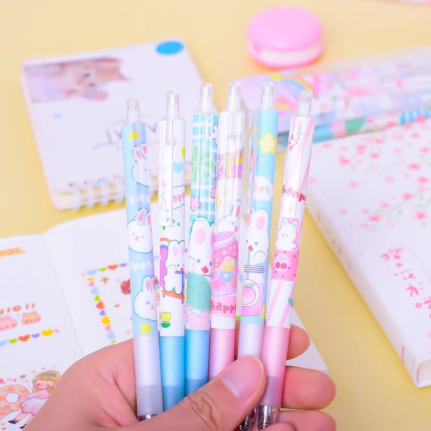 Six cartoon bunny design ballpoint pens with 0.5mm points and black ink