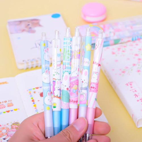 Six cartoon bunny design ballpoint pens with 0.5mm points and black ink