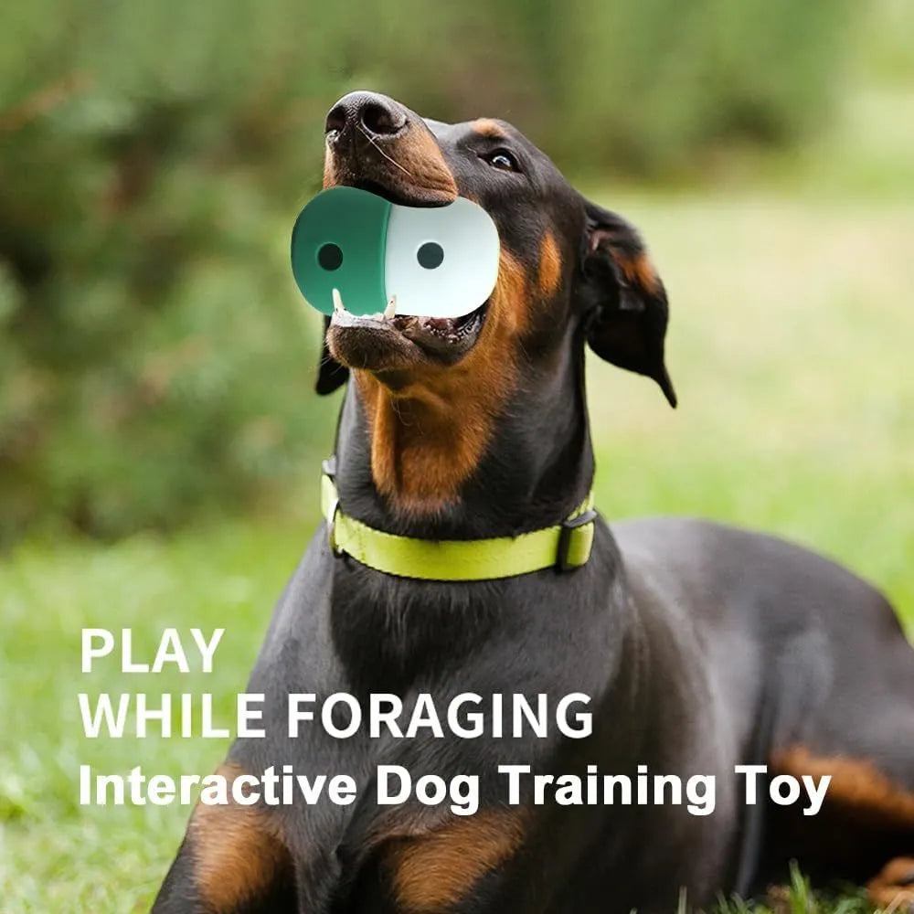 Food grade silicone dog treat puzzle ball in white with blue trim, measuring 8x11cm