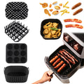 Black silicone baking tray set for air fryer including 4 square trays for cake, jelly, and pudding baking.