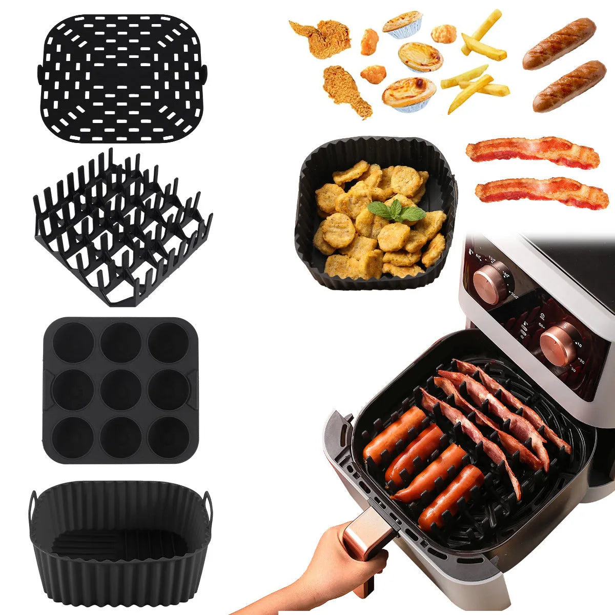 Black silicone baking tray set for air fryer including 4 square trays for cake, jelly, and pudding baking.