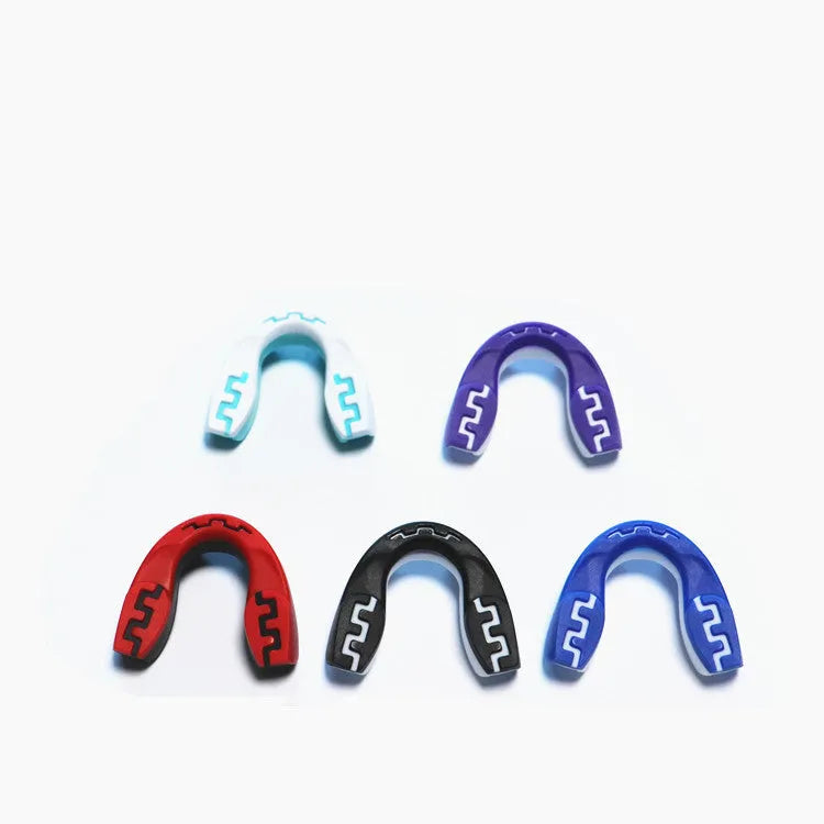 Adult boxing mouthguard with tooth socket-free design in black and white printed teeth pattern