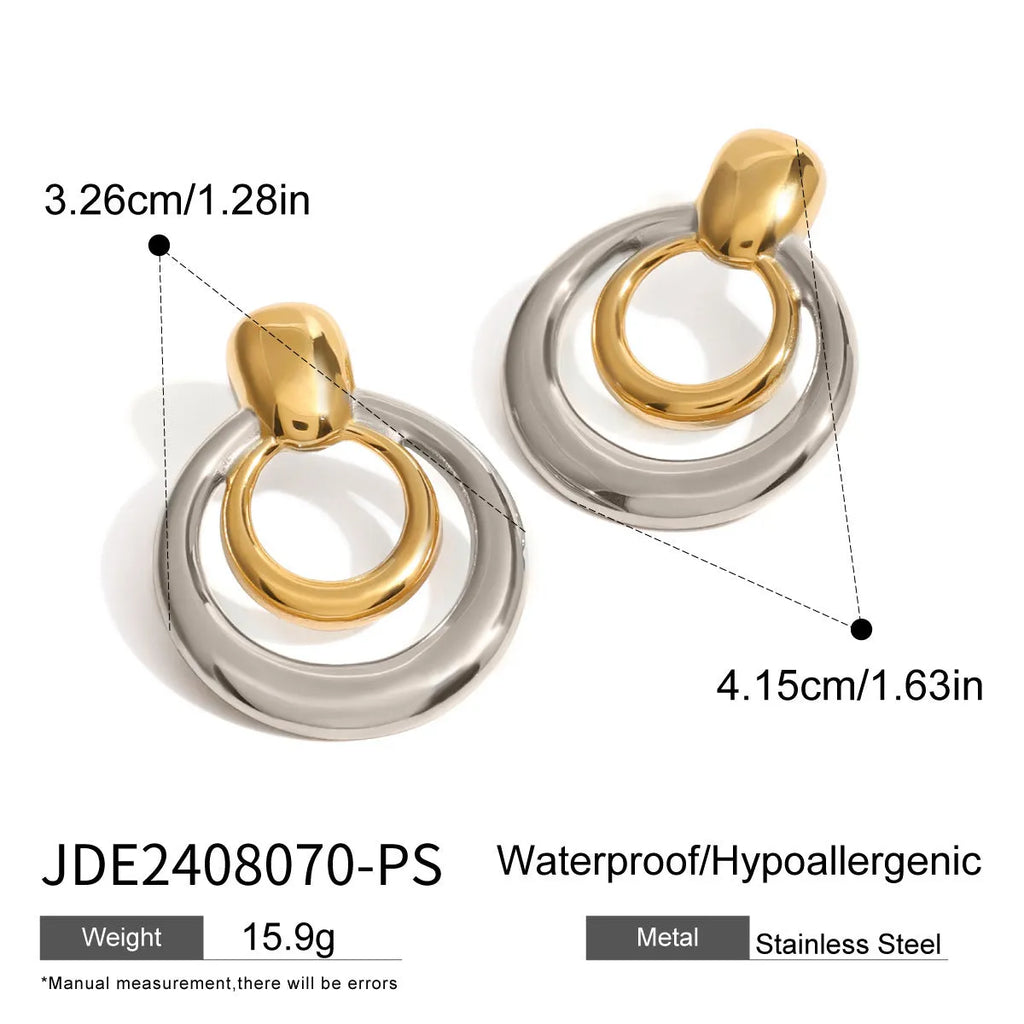 Round geometric double layer hollow stud earrings with 18K gold plating