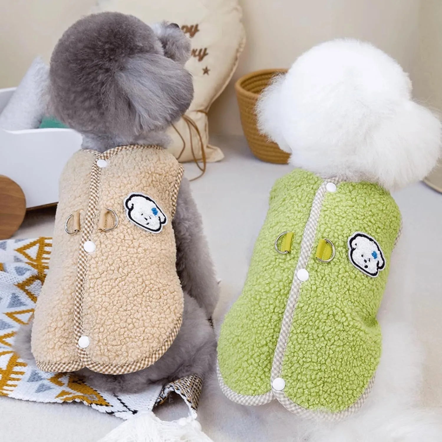Green coral fleece dog sweatshirt vest with a leash ring on a small dog, showing a winter outfit.