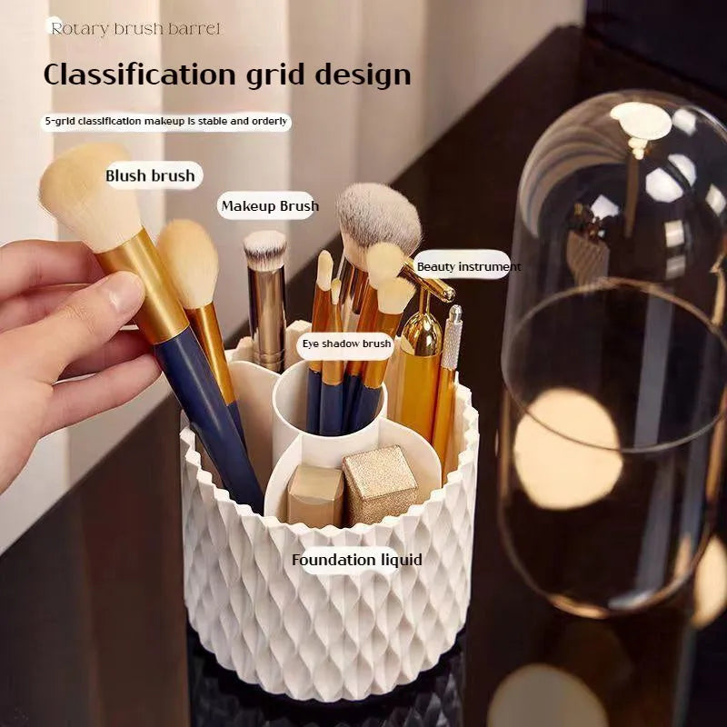 White transparent acrylic makeup brush storage box with rotating base and dustproof lid