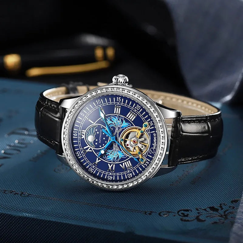 Men's stainless steel mechanical watch with round dial, transparent case back, and butterfly buckle