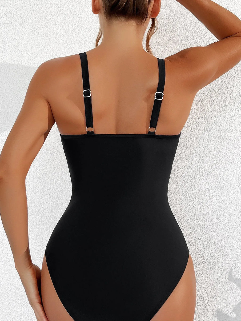 Black mesh halter bikini one-piece swimsuit for women with sleeveless design