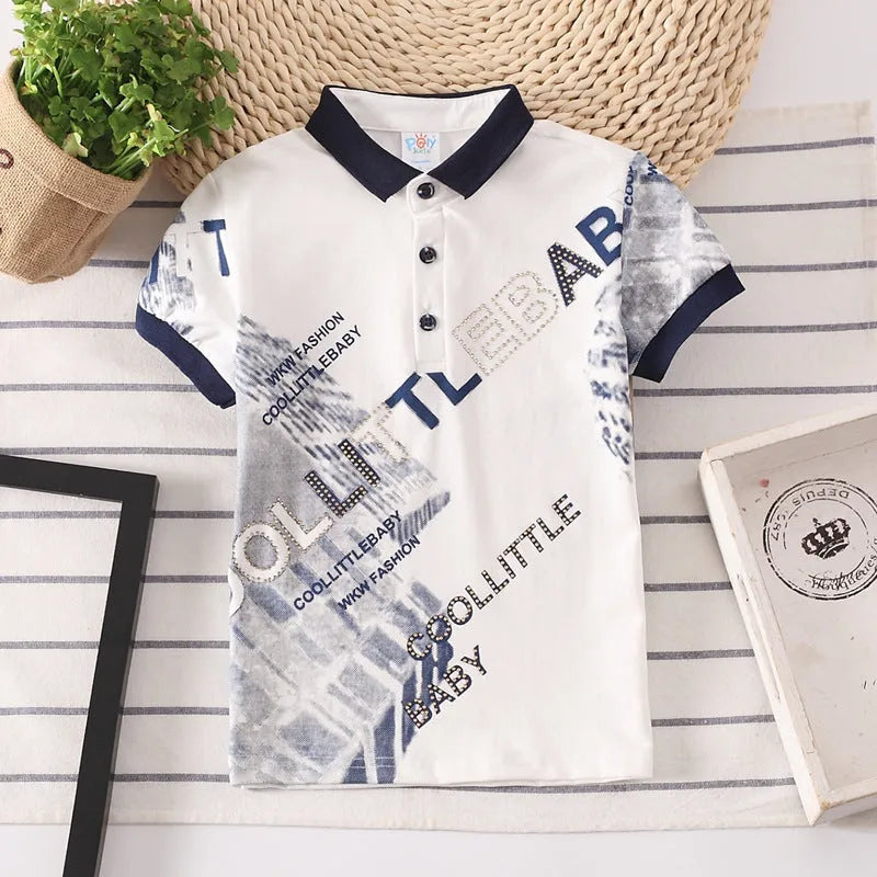 Boy in a solid colour short sleeve cotton shirt with a lapel collar.