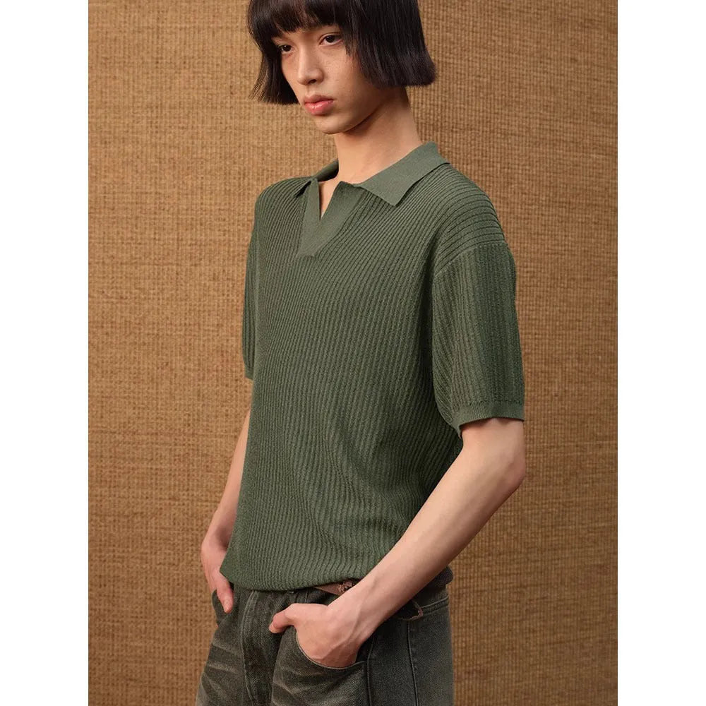 Men's loose fit striped polo shirt in ice silk fabric showing business collar and short sleeves