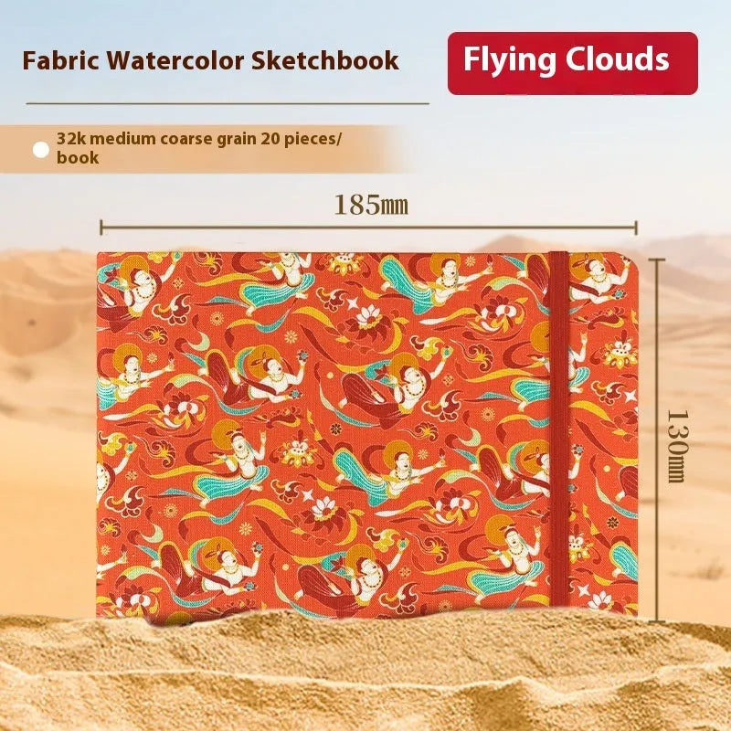 Feiluniao handmade fabric watercolour sketchbook with colourful themed cover, 185mm long.