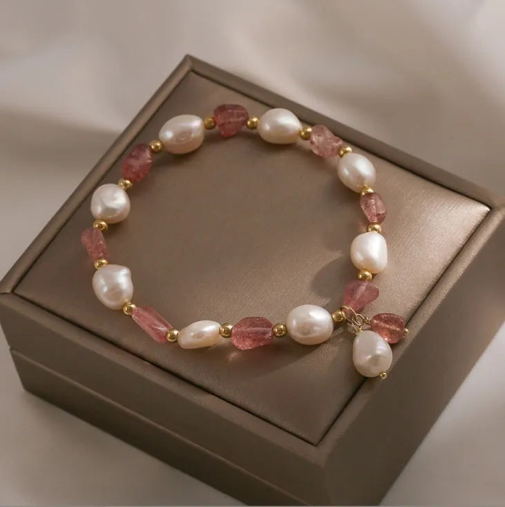 Handmade strawberry quartz crystal bracelet with Hetian jade peach blossom design showing five style variations
