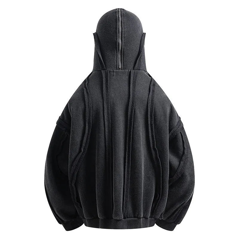 Black loose zip hooded coat with abstract pattern and padded cotton construction