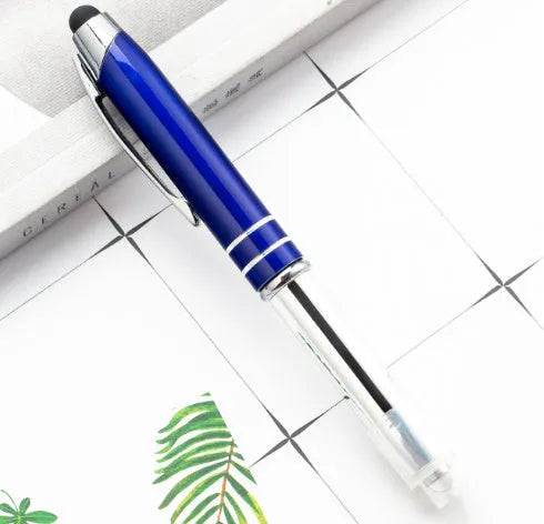 Metal capacitive stylus and ballpoint pen with LED light in five colour options.