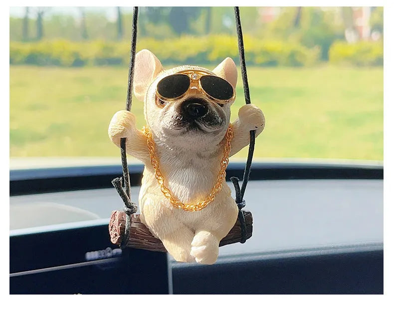 Resin bulldog car pendant hanging ornament in cartoon style for rearview mirror.