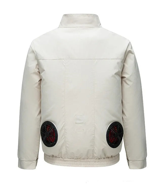 Men's black summer work jacket with multiple vent holes for a cooling fan system.