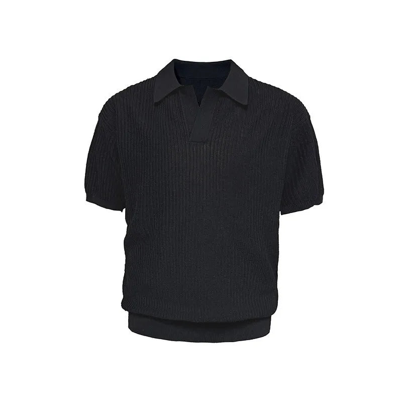 Men's loose fit striped polo shirt in ice silk fabric showing business collar and short sleeves