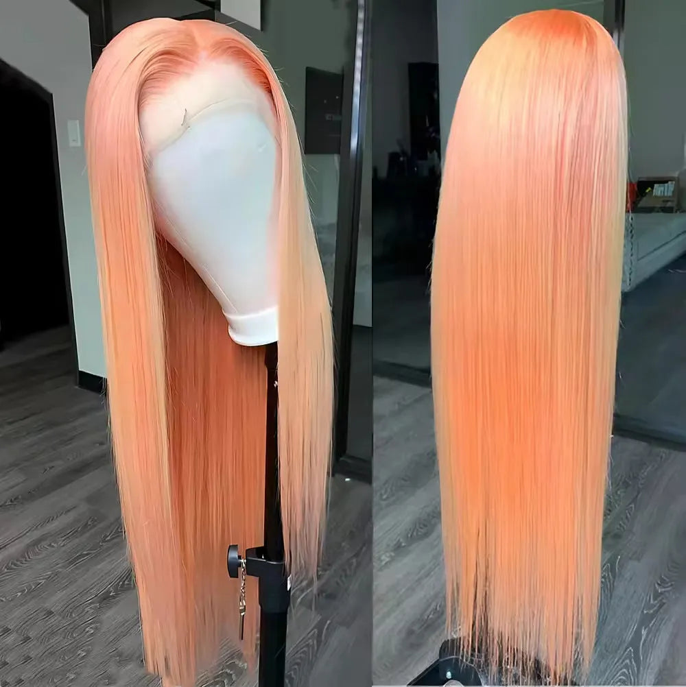 Light orange long straight synthetic wig with front lace and side bangs on a wig stand.