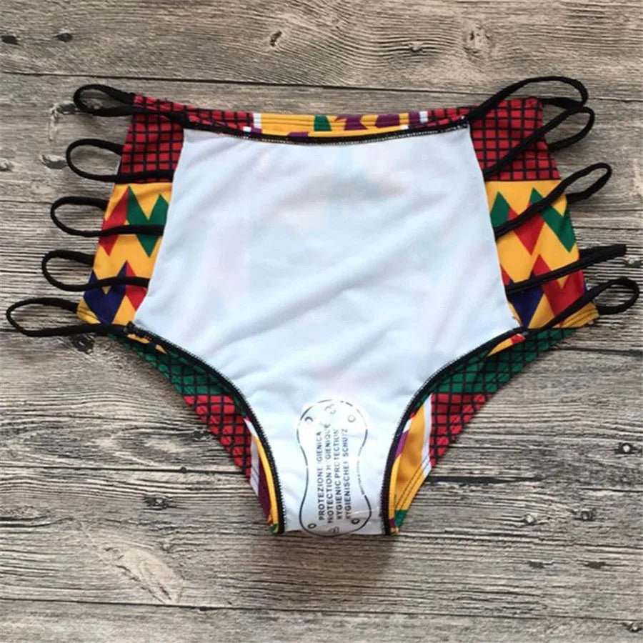 Women's high-waisted bikini swimsuit with backless design and digital printing in various colours