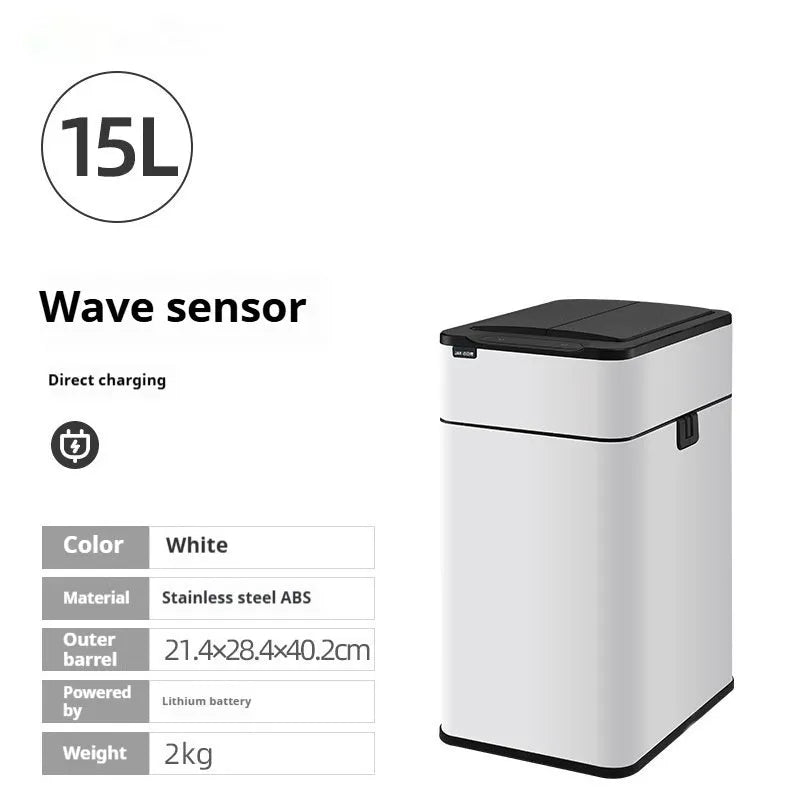 Square inductive sensor bin with automatic lid and deodorant system in stainless steel finish