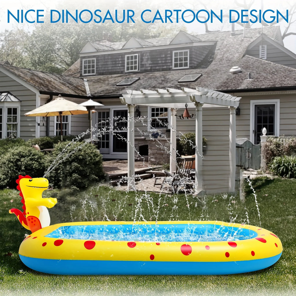 Blue and yellow inflatable dinosaur and shark themed water spray pool for kids in a garden.