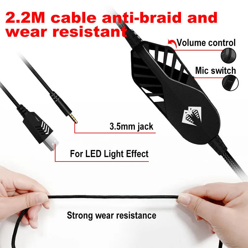 Blue wired computer gaming headset with microphone and LED lighting effects on black background