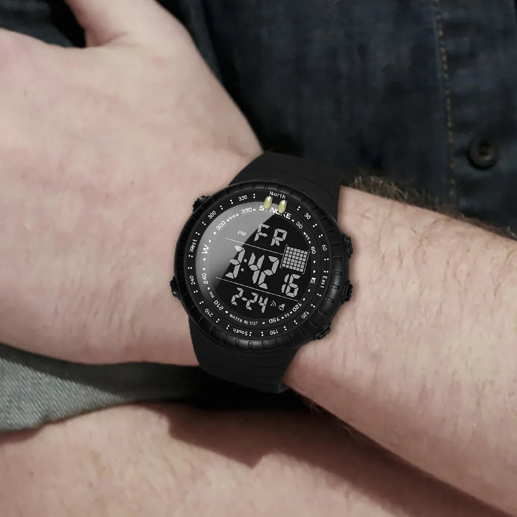Black men's outdoor digital watch with large dial showing WR50M waterproof rating and adjustable PU strap