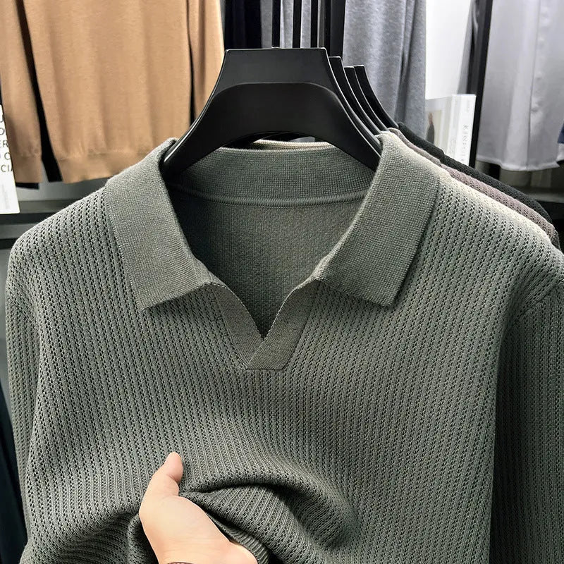 Men's loose fit pullover sweater in green colour shown on model for autumn casual wear