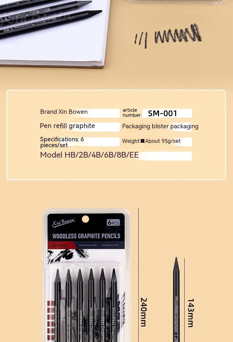 Set of six graphite sketching pencils for art, showing wood-free full lead construction.
