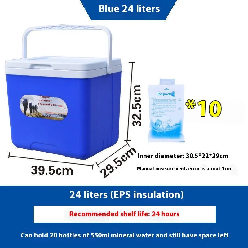 Blue portable insulated cooler box with aluminium foil construction and multiple capacity options.
