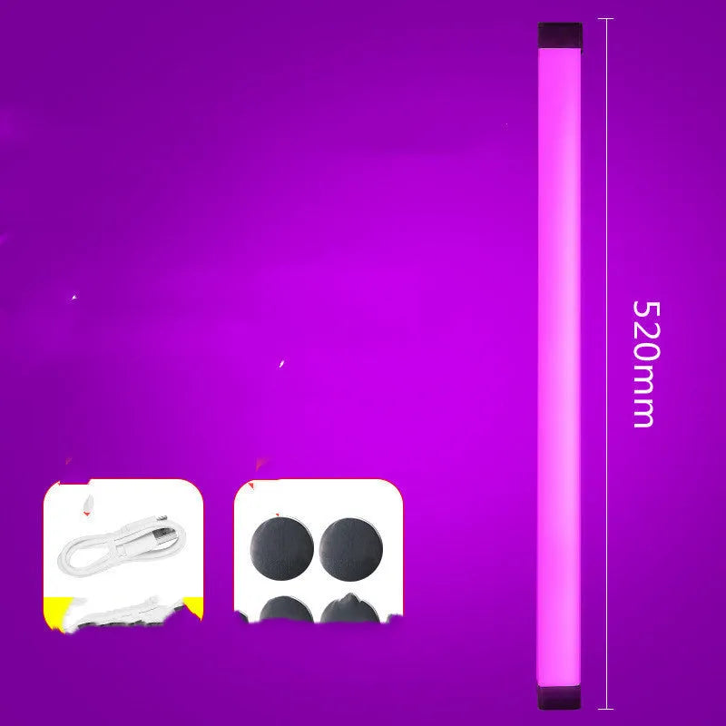Blue and purple rechargeable dimmable LED tube stick light in 32cm length on a dark surface.