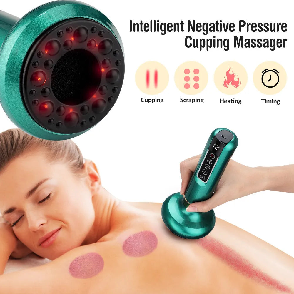 Green electric vacuum cupping massager device with suction cups and USB charger.