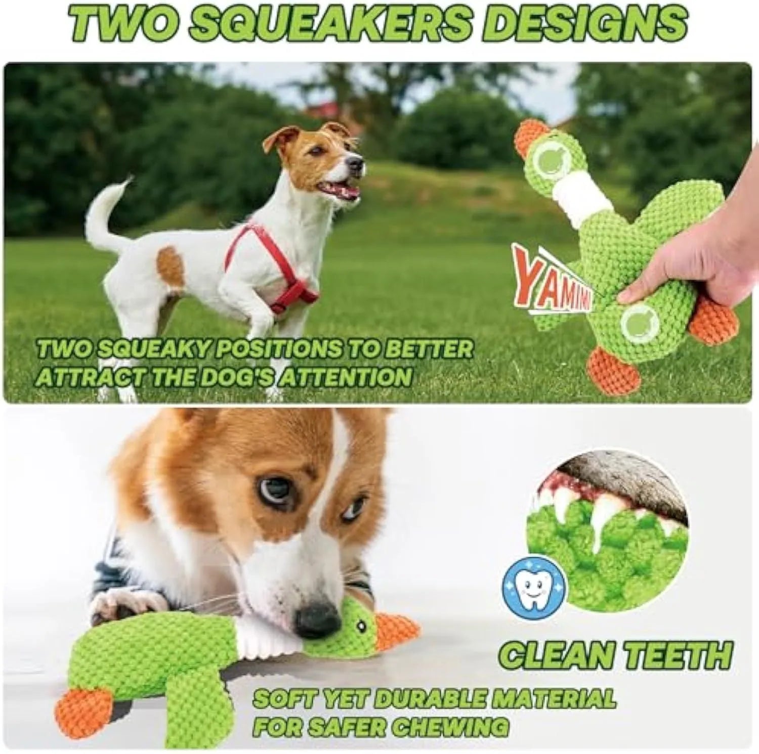 Blue duck-shaped plush dog toy with squeakers for chewing and play