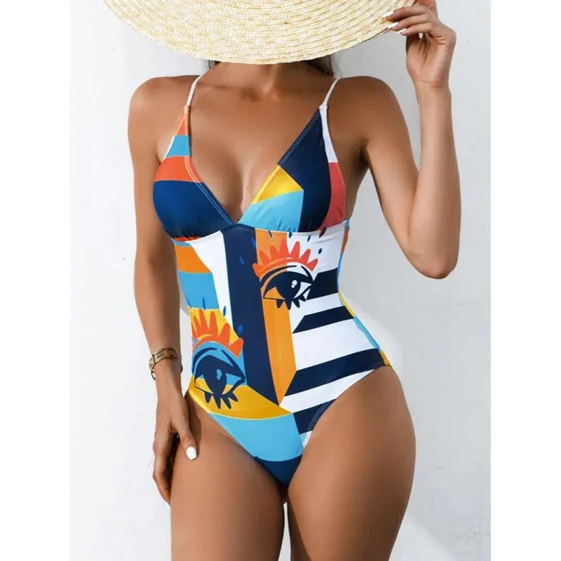 Plus size women's solid colour printed bikini swimsuit with backless design