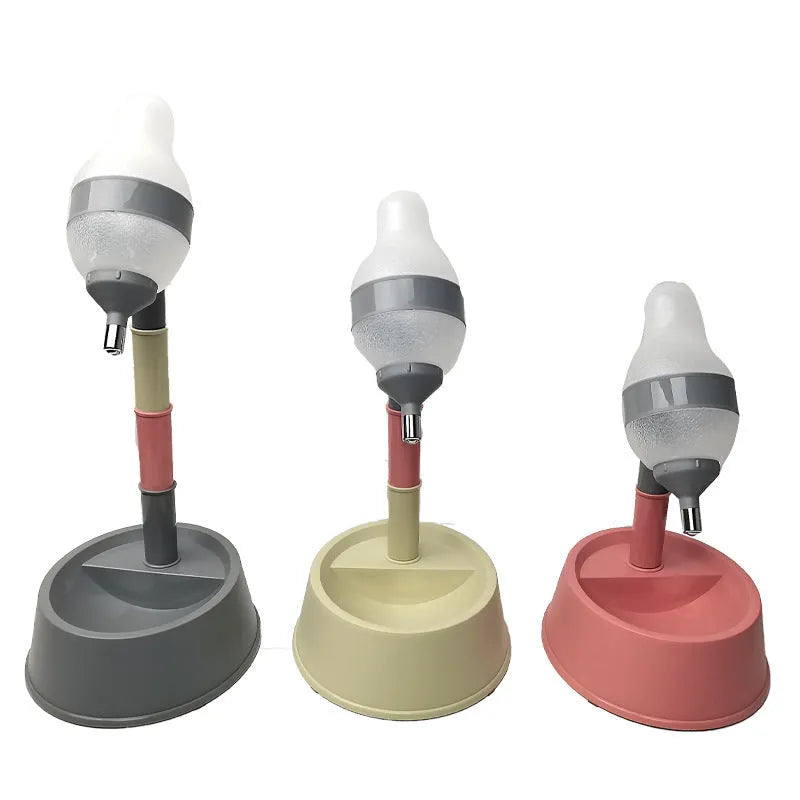 Green height-adjustable pet water dispenser with detachable pole and weighted bowl on a floor.