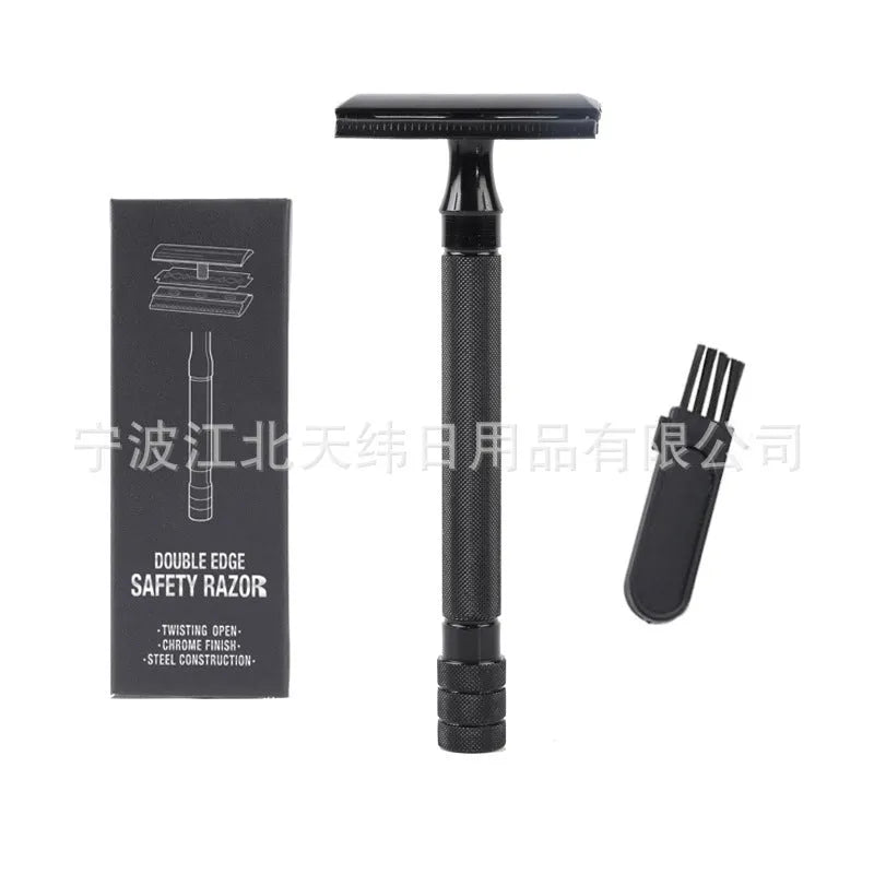 Traditional manual pogonotomy metal razor with brush in black or silver finish
