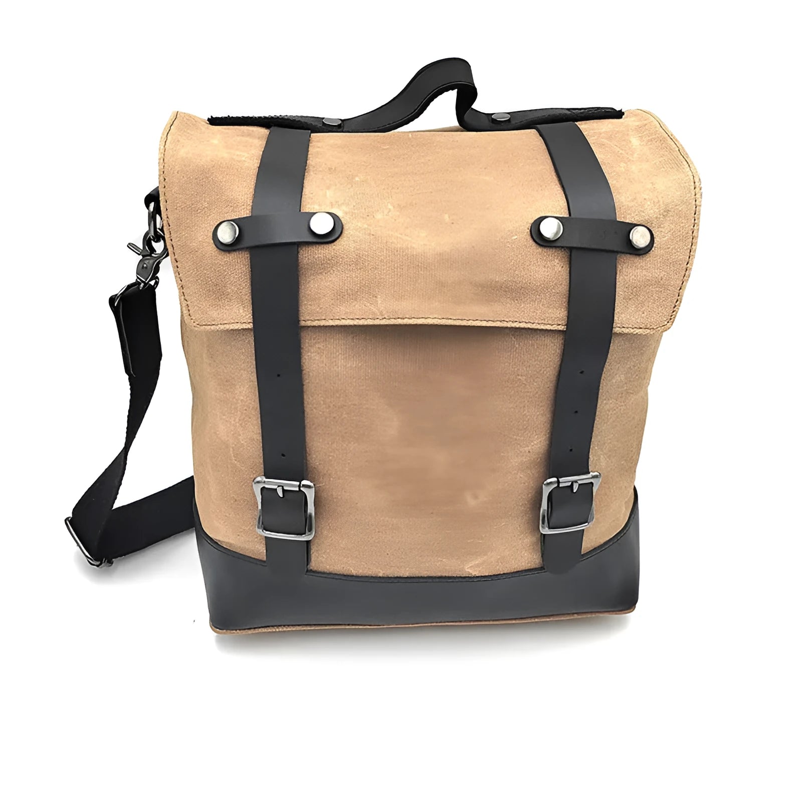 Black waterproof canvas motorcycle side pannier bag with leather trim mounted on a bike